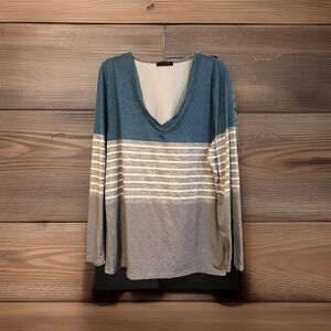 Women's Striped Colorblock Long Sleeve V-Neck Top Blue Gray White Tee Loveu.dear